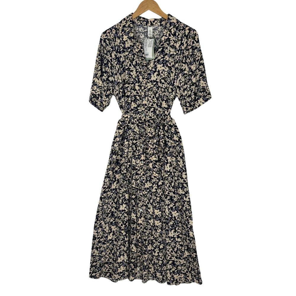 H&M Black Floral Tie-Belt Shirt Dress Womens Medium NWT Short Sleeve Midi Button - Picture 2 of 16